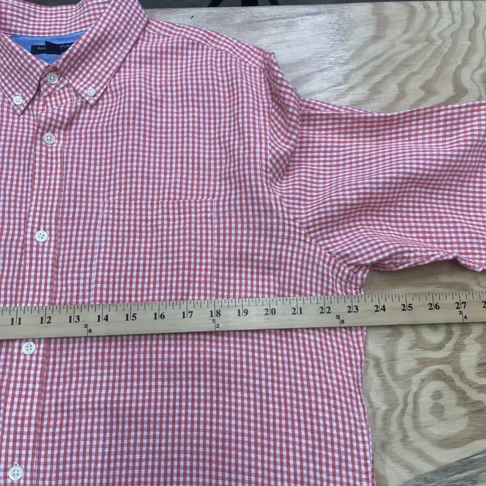 Banana Republic Slim Fit Linen Blend Gingham Button Down Shirt Orange Men's XL